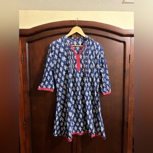 Blue and White Patterned Tunic with Pink Accents